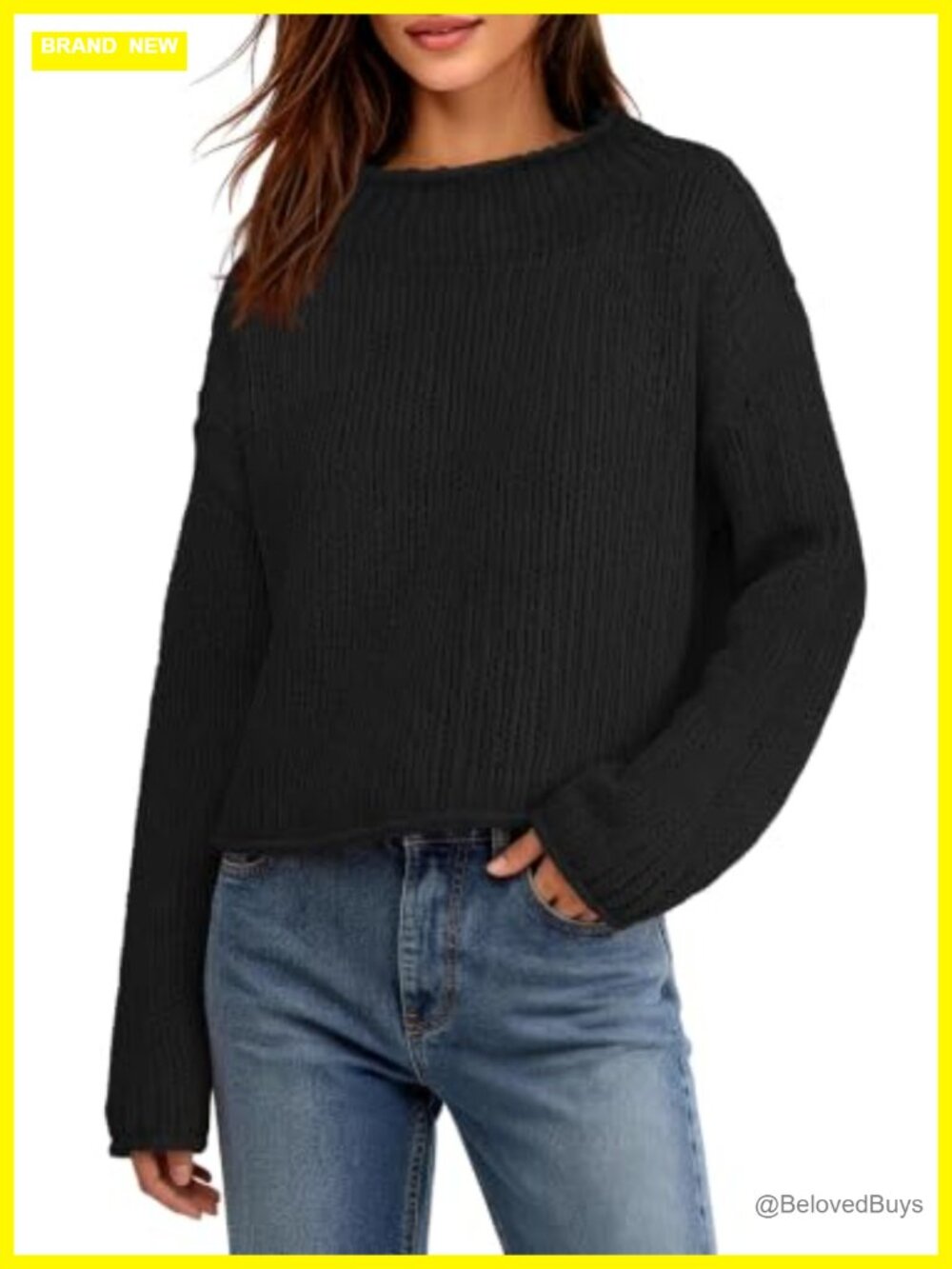 Chunky Knit Mock Neck Cropped Sweater Women Long Sleeve Pullover